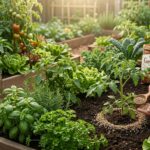 Gardener applying measured Garden-Tone organic fertilizer around healthy vegetables in a productive raised garden bed.