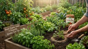 Gardener applying measured Garden-Tone organic fertilizer around healthy vegetables in a productive raised garden bed.