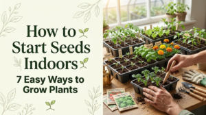 How to start seeds indoors with healthy seedlings growing in seed trays and gardening tools.