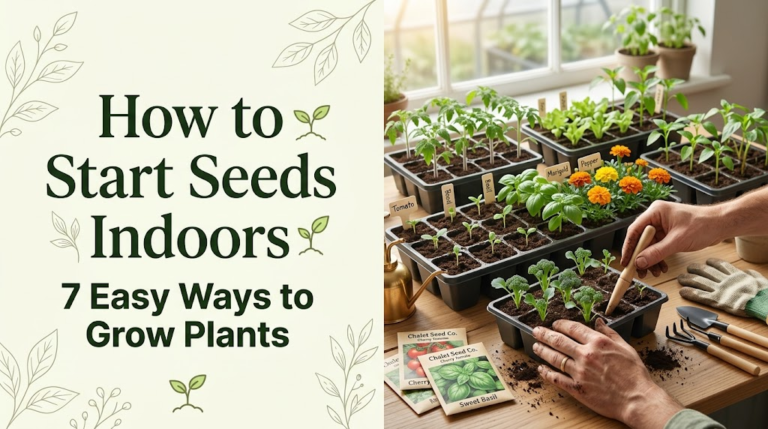 How to start seeds indoors with healthy seedlings growing in seed trays and gardening tools.