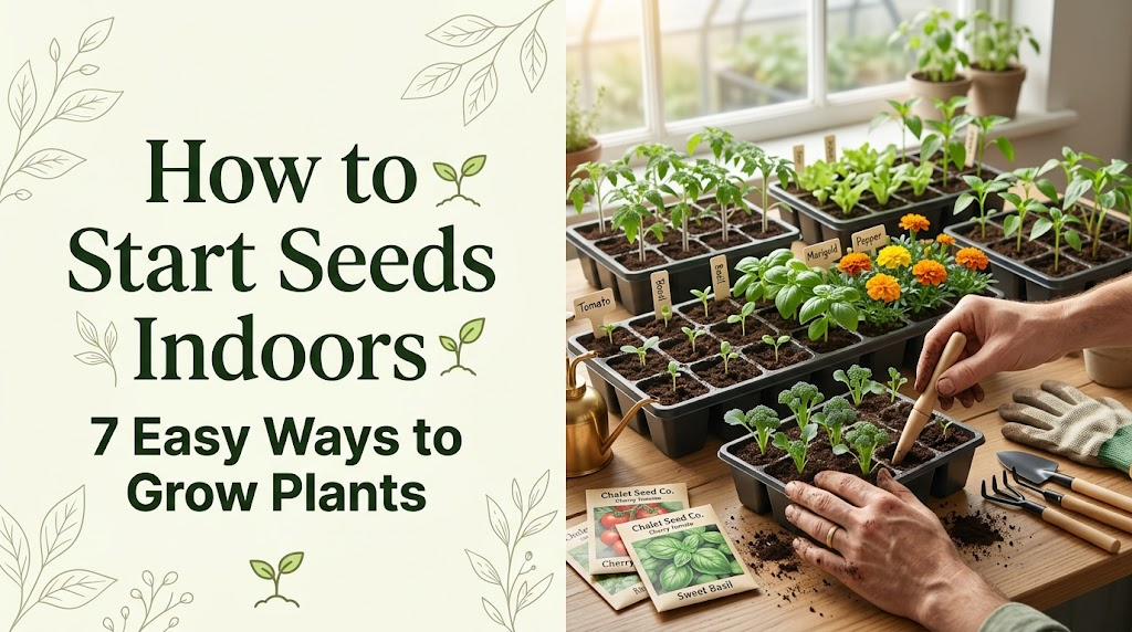 How to Start Seeds Indoors: 7 Easy Ways to Grow Plants How to start seeds indoors with healthy seedlings growing in seed trays and gardening tools.