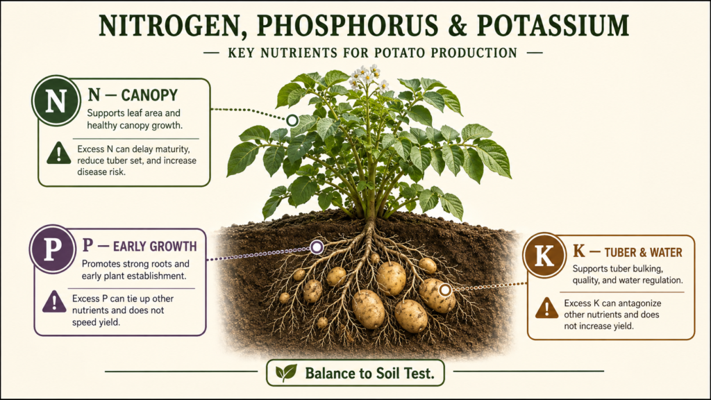 N-P-K infographic showing nitrogen for canopy, phosphorus for early growth, and potassium for potato tuber performance.