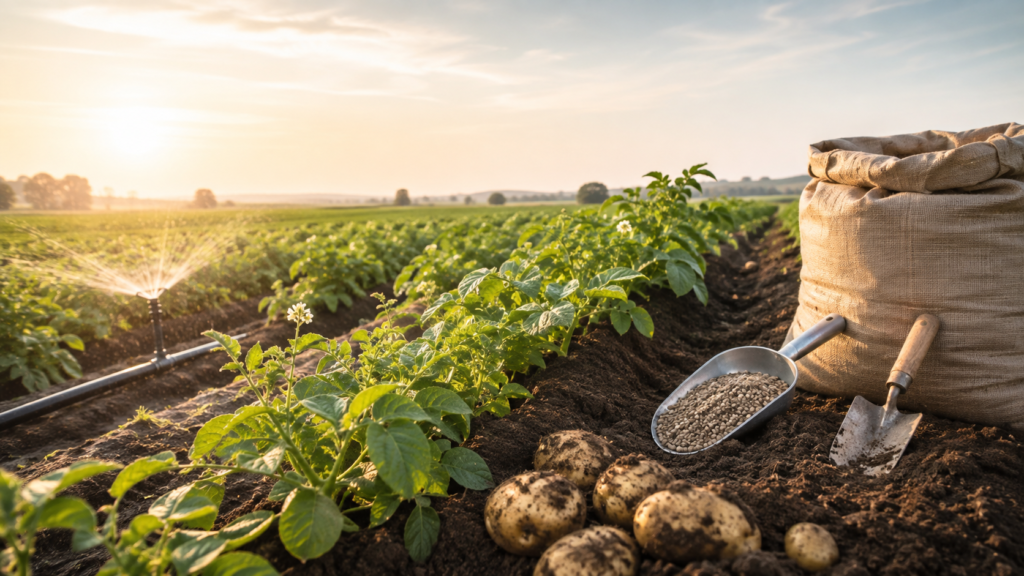 Healthy potato crop in hilled rows with measured granular fertilizer, soil tools, and freshly dug tubers.