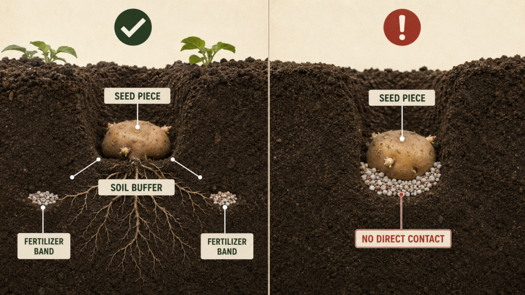 Correct fertilizer bands positioned near but not touching a potato seed piece compared with unsafe direct contact.