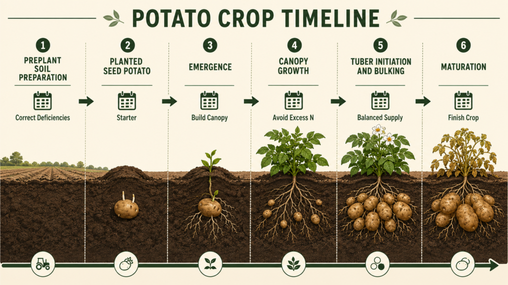 Potato growth-stage timeline from preplant to maturation with fertilizer-management priorities.