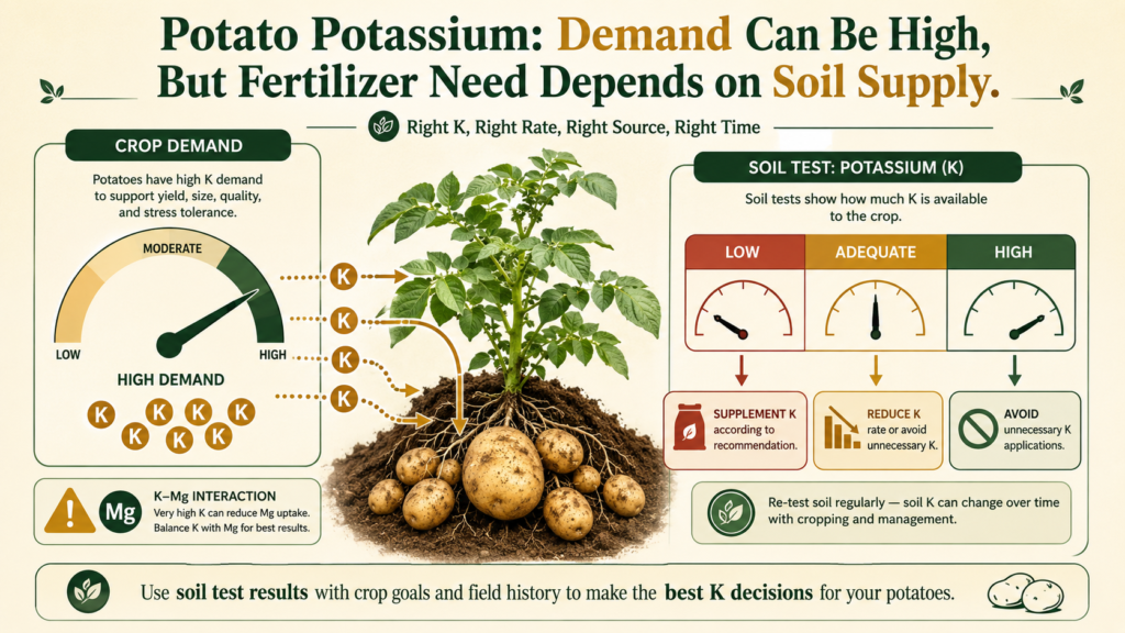 Infographic showing high potato potassium demand while emphasizing that fertilizer rate depends on soil-test supply.