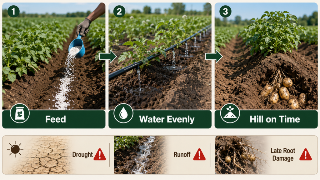 Potato crop management sequence connecting fertilizer placement, even irrigation, and timely hilling.