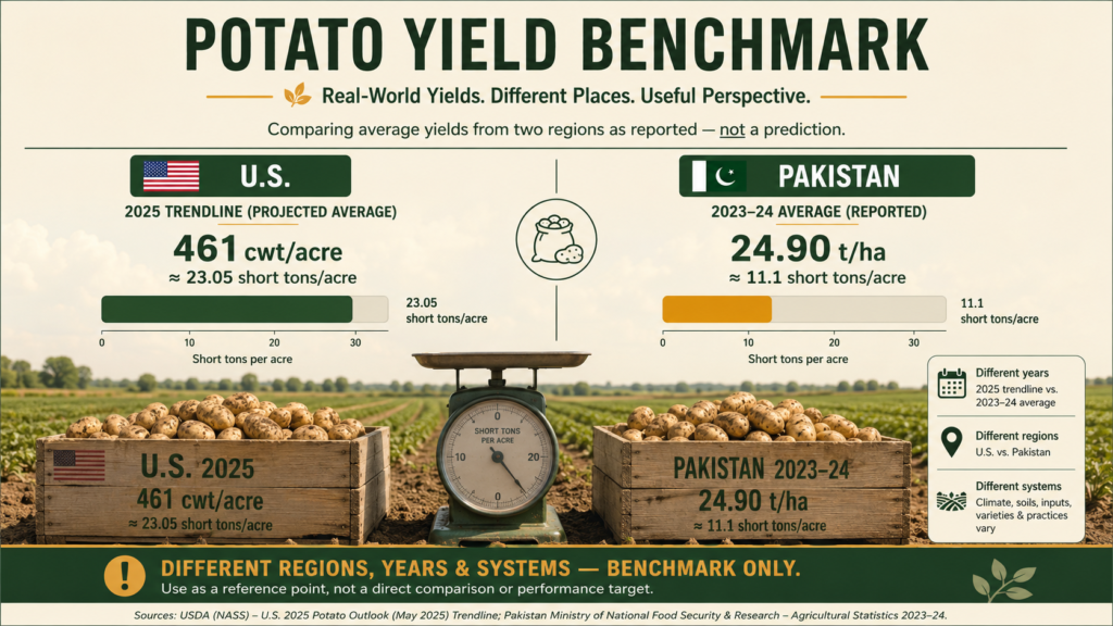Potato yield benchmark infographic comparing a U.S. 2025 trendline with Pakistan’s 2023–24 national average.