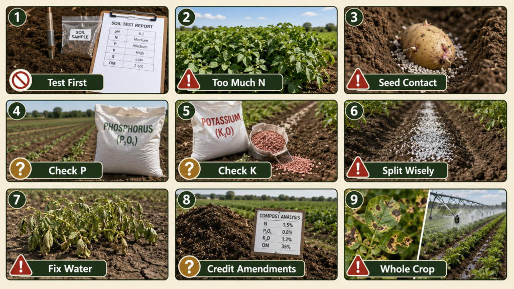 Common potato fertilizer mistakes including excess nitrogen, seed-piece contact, poor testing, and ignored water stress.