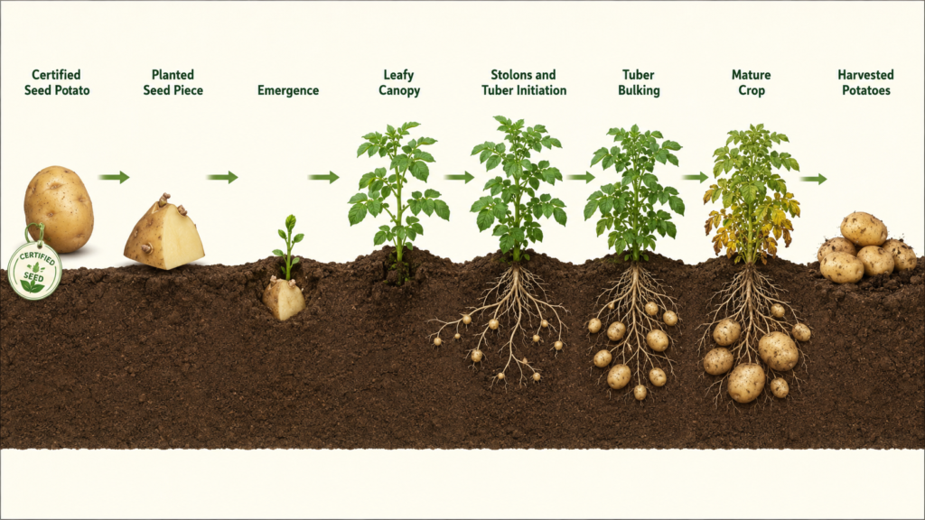 Potato crop lifecycle from certified seed potato through emergence, tuber formation, bulking, maturity, and harvest.