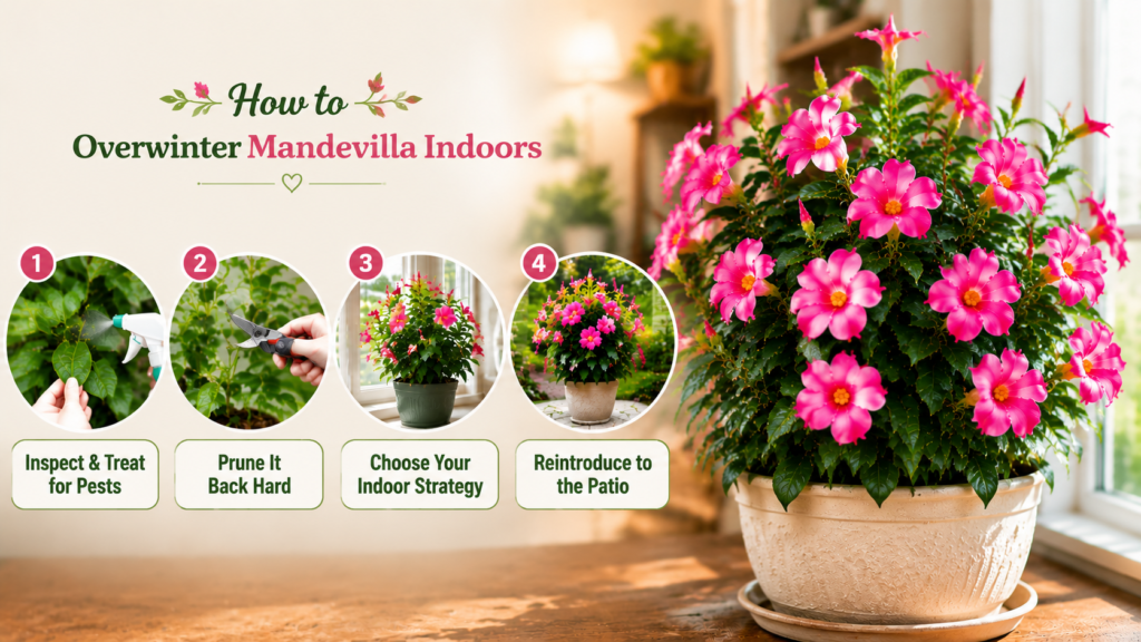 Step by step mandevilla overwintering process including pruning indoor placement and spring reintroduction to patio