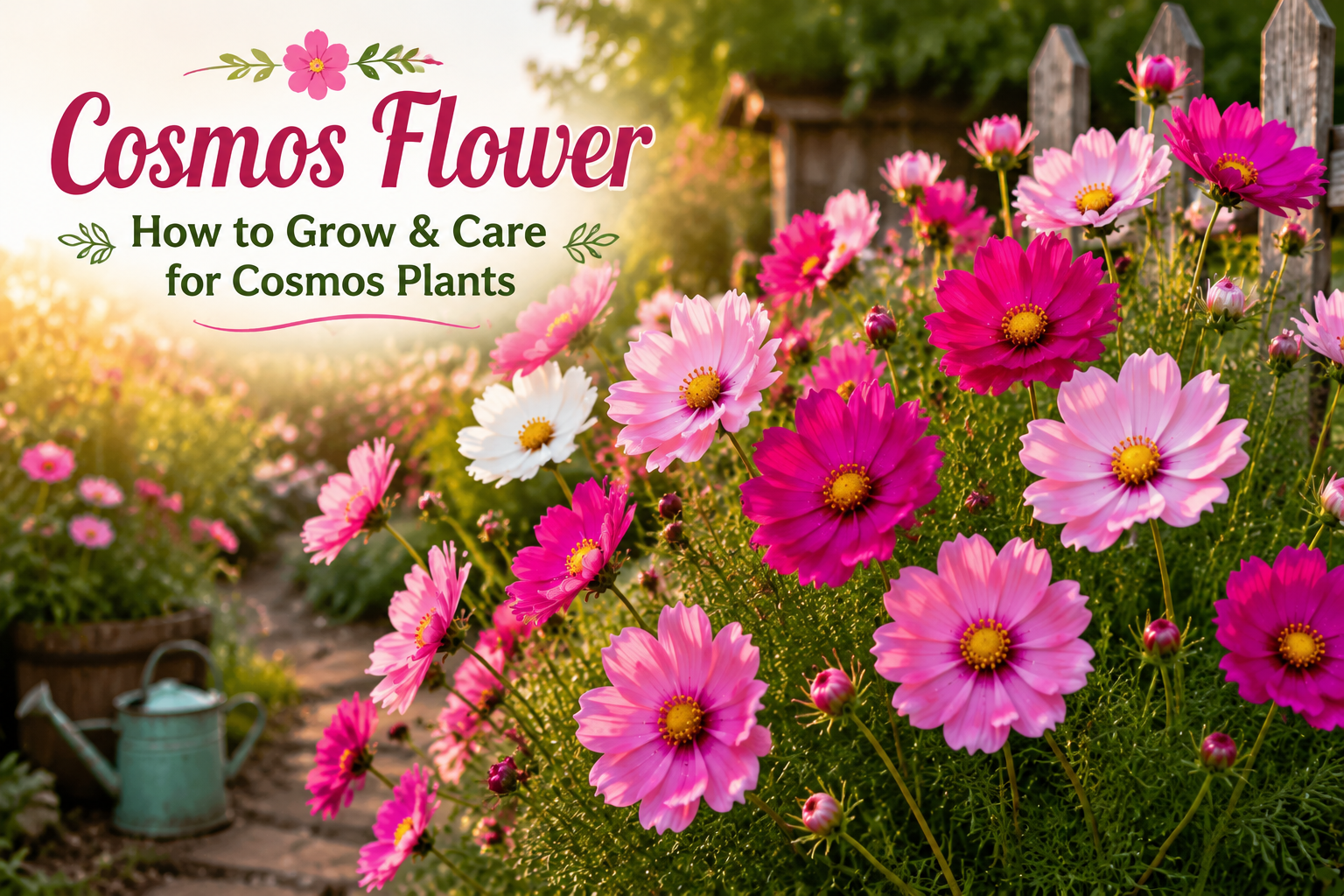 Vibrant cosmos flowers in a colorful garden-style cover image illustrating a complete growing and care guide for cosmos plants with pink and white blooms in a sunny outdoor setting.