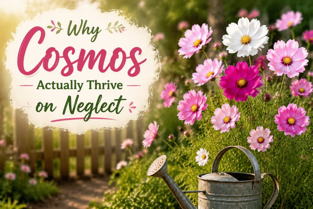 Cosmos flowers growing in poor soil conditions showing drought tolerant garden plants thriving with minimal care and full sun exposure