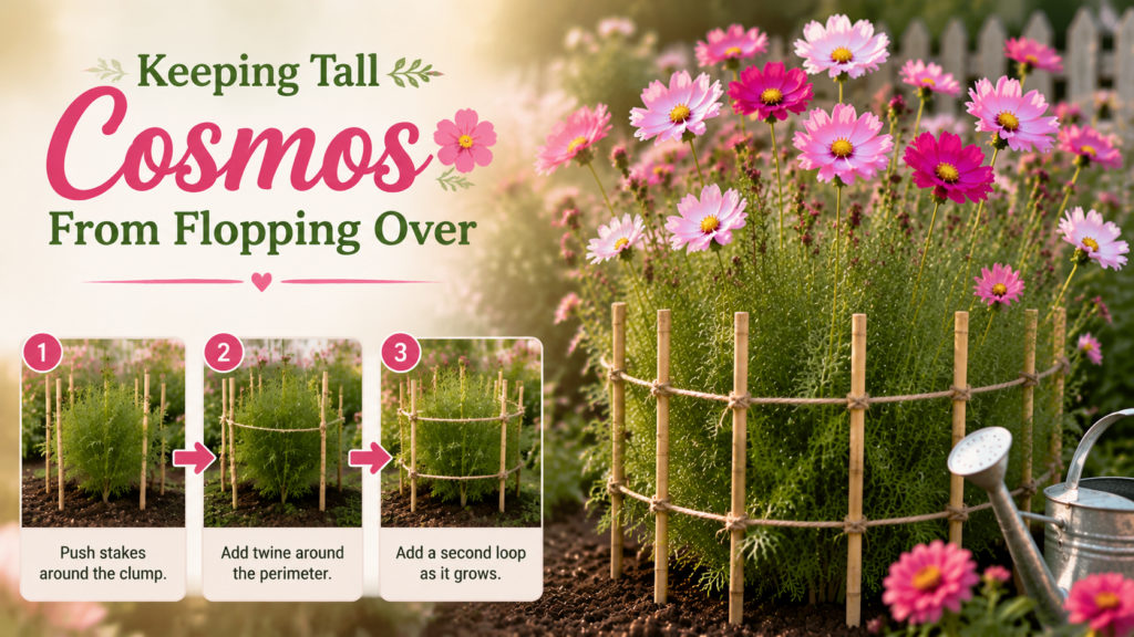 Tall cosmos flowers supported with bamboo stakes and twine corralling method in a cottage garden