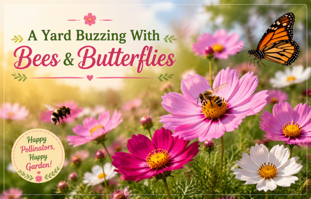 Cosmos flowers attracting bees butterflies and pollinators in a vibrant summer garden ecosystem
