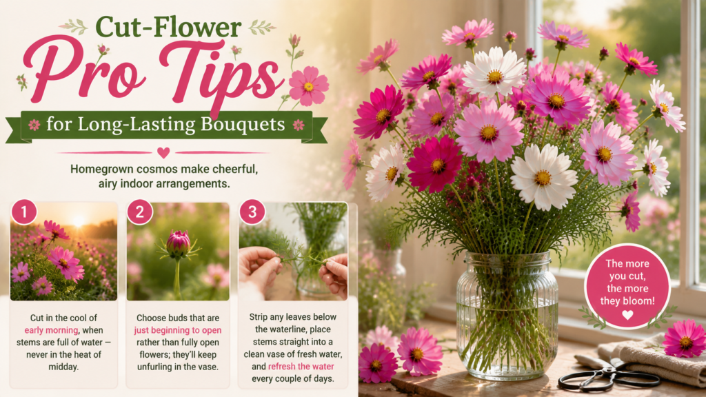Freshly cut cosmos flowers arranged in a vase for indoor bouquet showing long lasting cut flower garden arrangement
