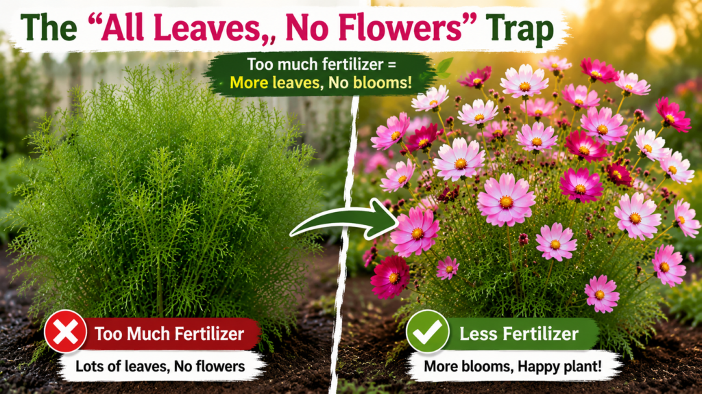 Cosmos plant with excessive leaf growth and no blooms caused by over fertilization in garden soil