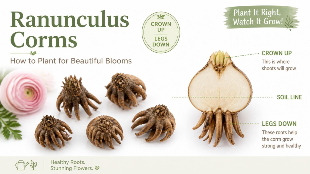 Diagram showing how to plant a ranunculus corm with its claw-like octopus legs pointing down into the soil.