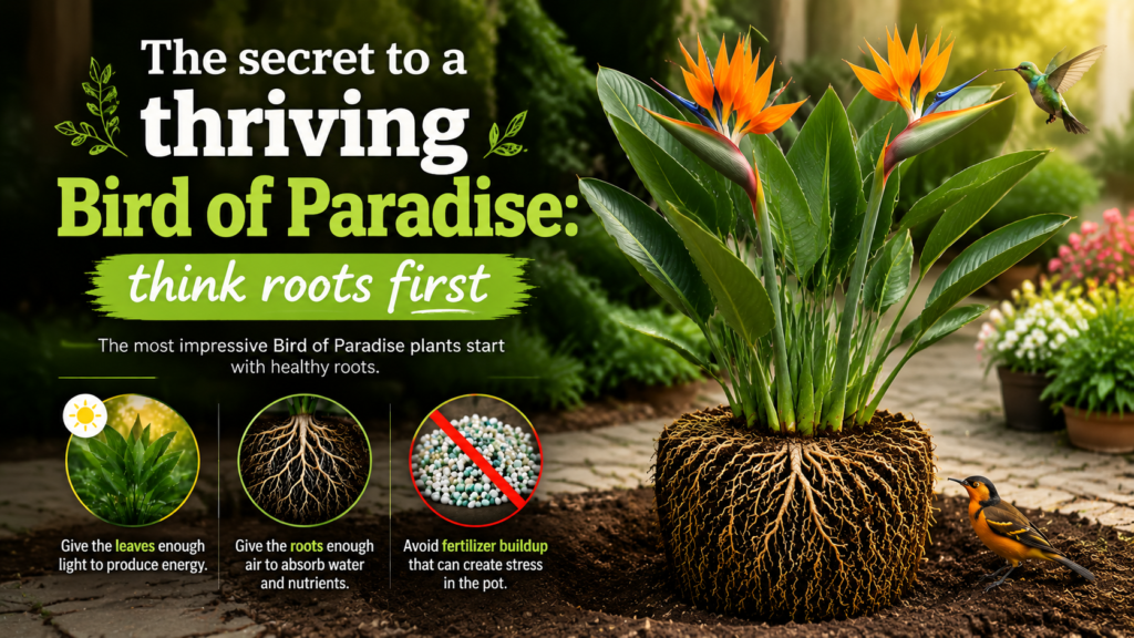 “The Secret to a Thriving Bird of Paradise: Think Roots First,” showing a healthy tropical plant with visible root system and care tips for light, airflow, and avoiding fertilizer buildup for optimal growth.