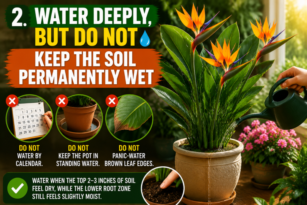 Sunlit indoor garden featuring a healthy Bird of Paradise plant in a pot surrounded by colorful flowering houseplants, set in a bright greenhouse-style room with warm natural light and soft-focus greenery in the background.
