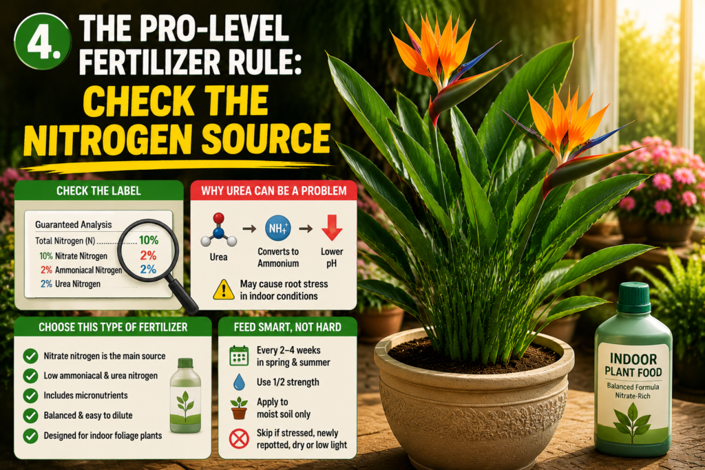 Bird of Paradise fertilizer guide infographic showing a healthy indoor plant alongside visual explanations of nitrogen sources, fertilizer label analysis, and safe feeding practices for preventing root stress and promoting strong tropical plant growth.