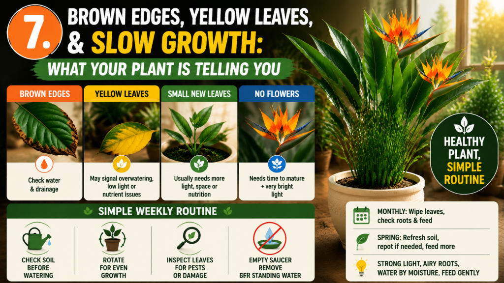 Bird of Paradise plant care infographic showing common problems like brown edges, yellow leaves, and slow growth, with simple visual guidance panels and a healthy indoor plant in a decorative pot under warm natural light.