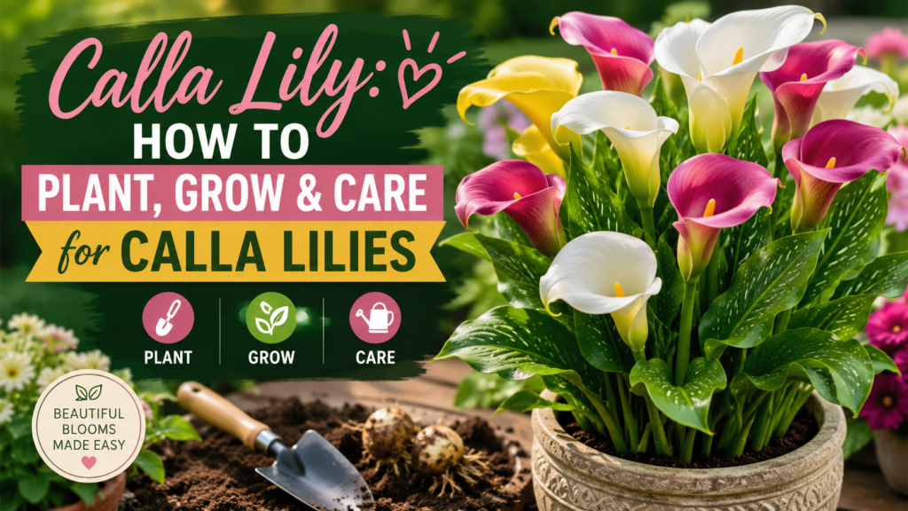 Elegant calla lily plant in a decorative pot showing white blooms in a home garden setting