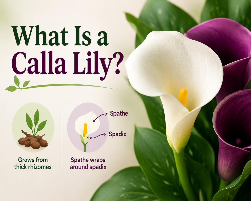 Zantedeschia calla lily plant showing spathe and spadix flower structure in close-up view