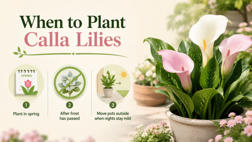 Calla lily rhizomes planted in spring soil after frost period in a garden bed