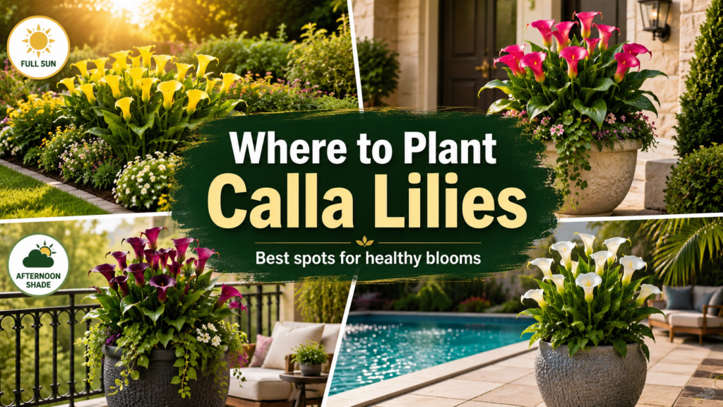 Calla lilies growing in a sunny garden border and patio container arrangement