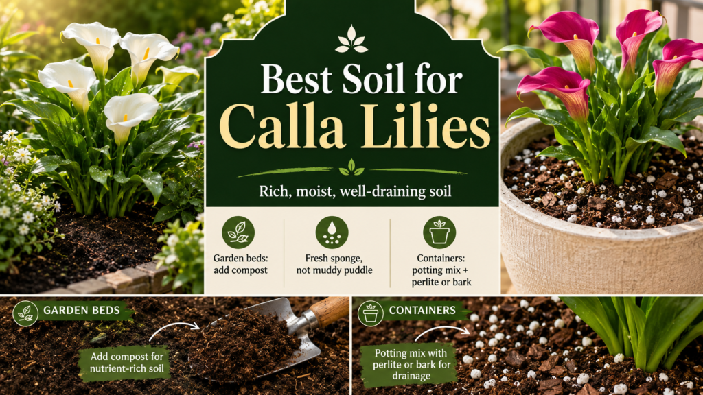 Rich well-draining soil mix prepared for planting calla lily rhizomes in containers