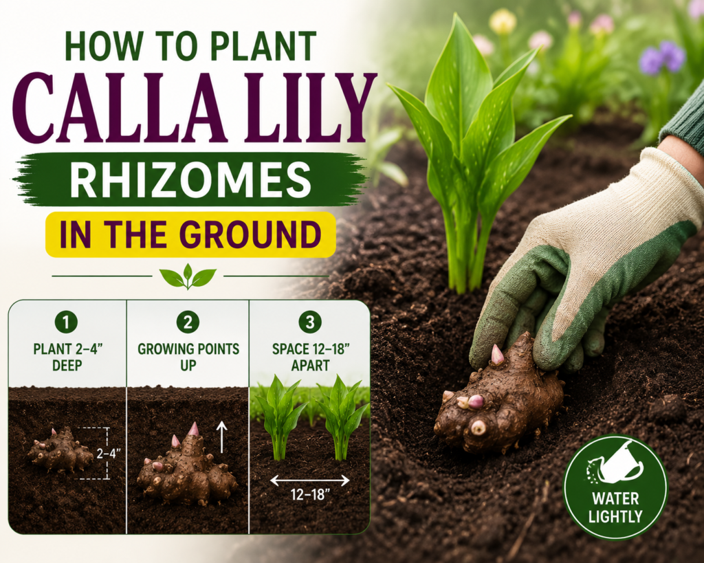 Calla lily rhizomes planted 2 to 4 inches deep in soil with proper spacing between plants