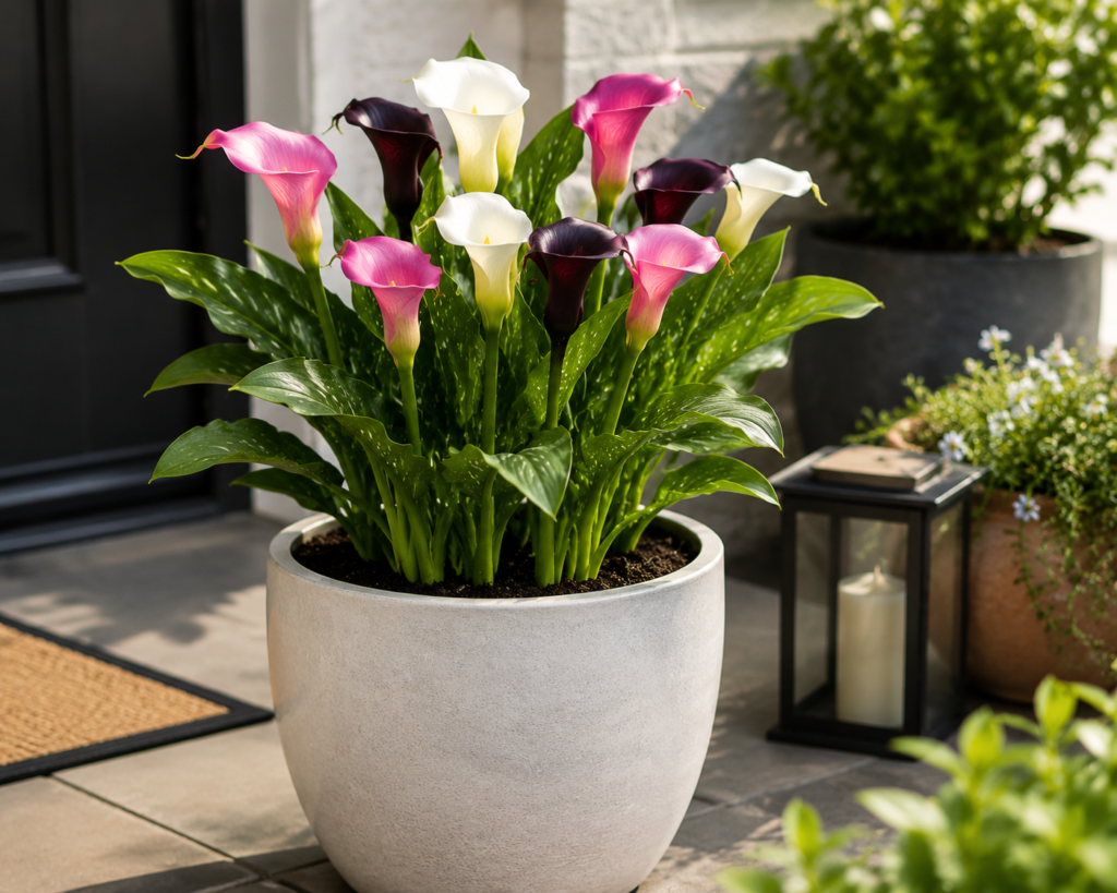 Calla lily grown in ceramic pot placed on patio with healthy green leaves and blooms