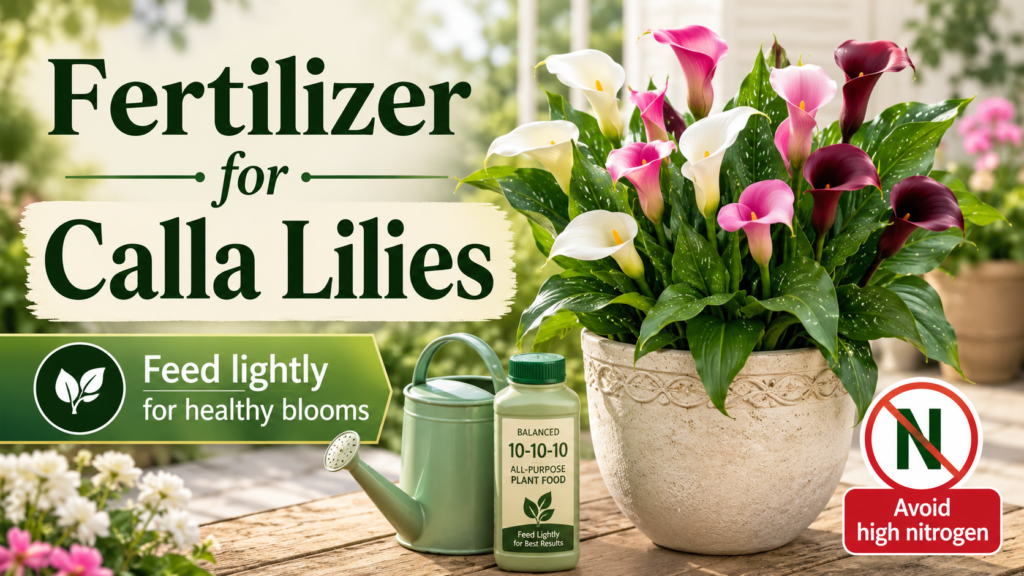 Gardener applying balanced fertilizer to calla lily plant during active growth stage