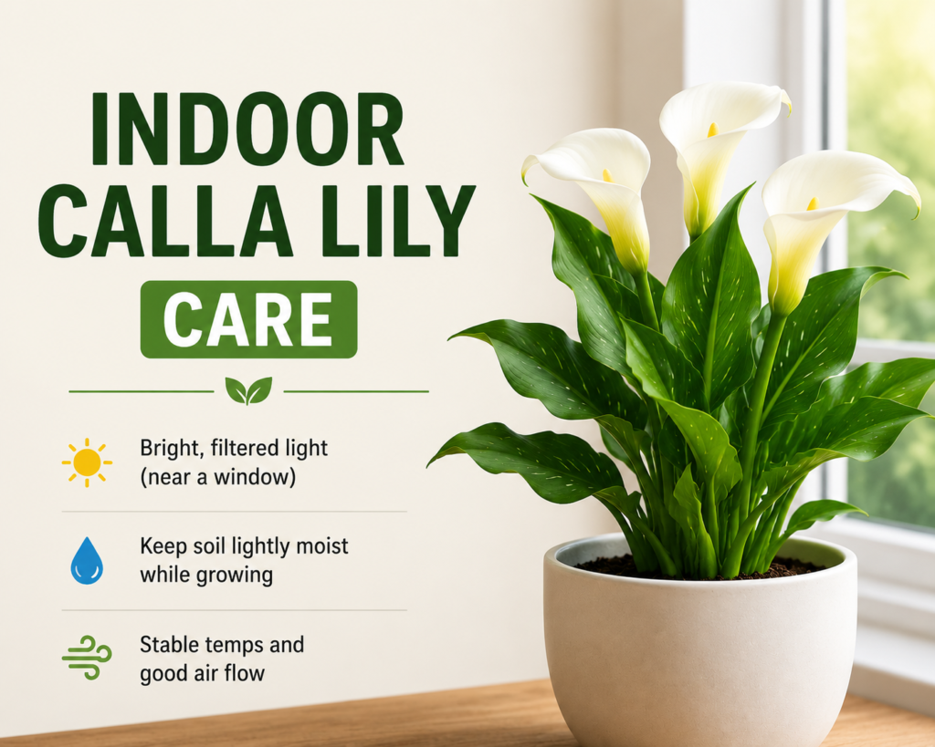 Indoor calla lily placed near bright window with filtered sunlight in home environment
