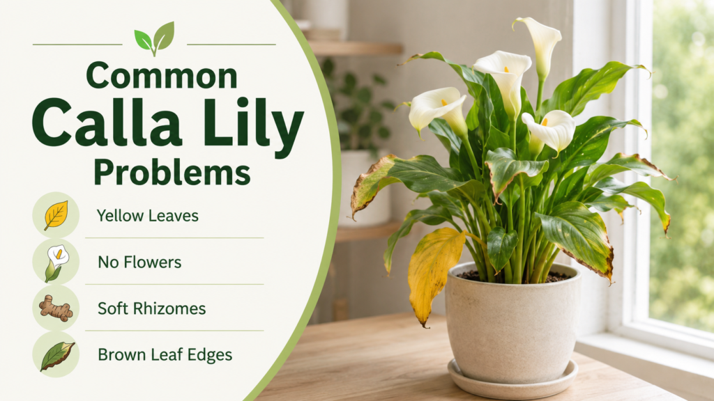 Calla lily plant showing yellow leaves and brown edges caused by watering or light issues