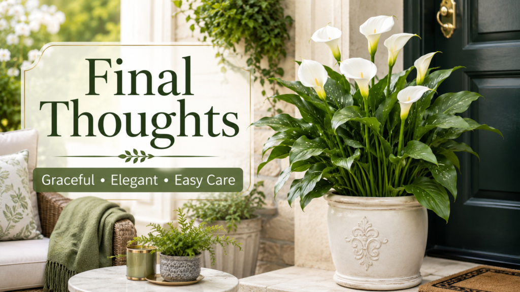 Healthy blooming calla lily plant in decorative pot creating elegant garden entrance display