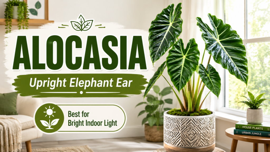 Alocasia elephant ear plant with upright arrow-shaped leaves growing in indoor bright light