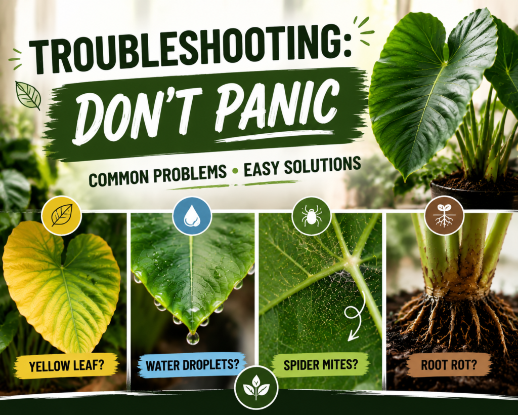 Elephant ear plant showing yellow leaves and root rot symptoms caused by overwatering issues