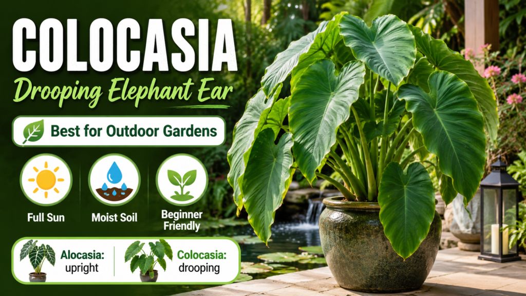 Colocasia elephant ear plant with large drooping leaves growing in outdoor garden sunlight