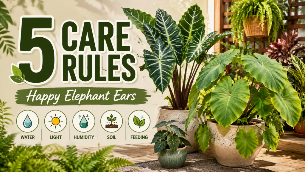 Elephant ear plant care including watering, bright indirect light, humidity support, well-draining soil mix, and fertilizing during growth season for healthy tropical leaf growth.