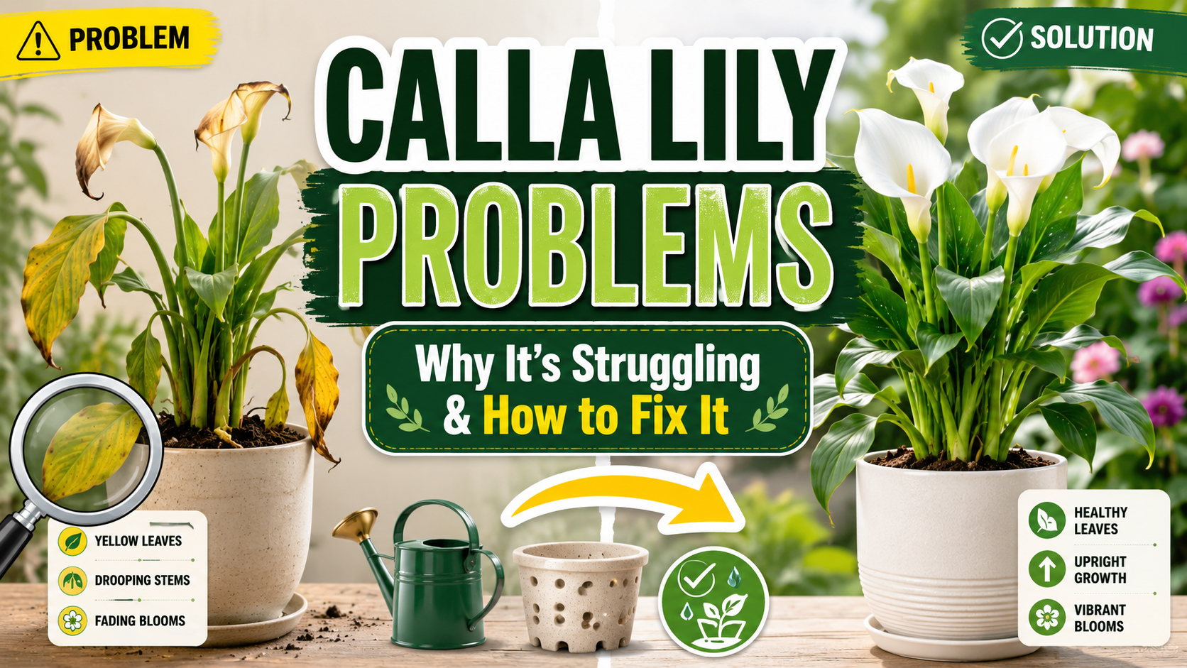 Calla Lily Problems — Why Your Calla Lily Is Struggling & How to Fix It Calla lily plant with yellow leaves showing common calla lily problems and care guide for fixing drooping, rot, and no blooms