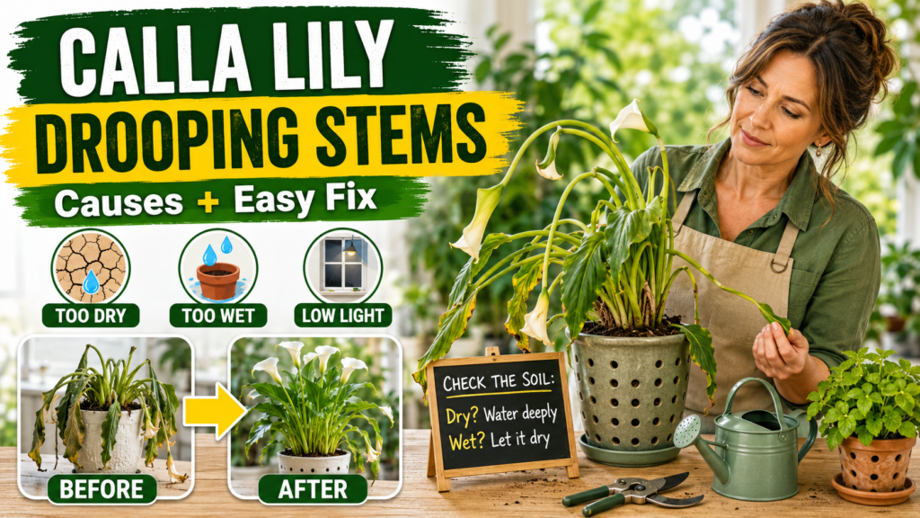 Calla Lily Problems — Why Your Calla Lily Is Struggling & How to Fix It Drooping calla lily stems caused by watering stress or low light and how to fix plant drooping issues