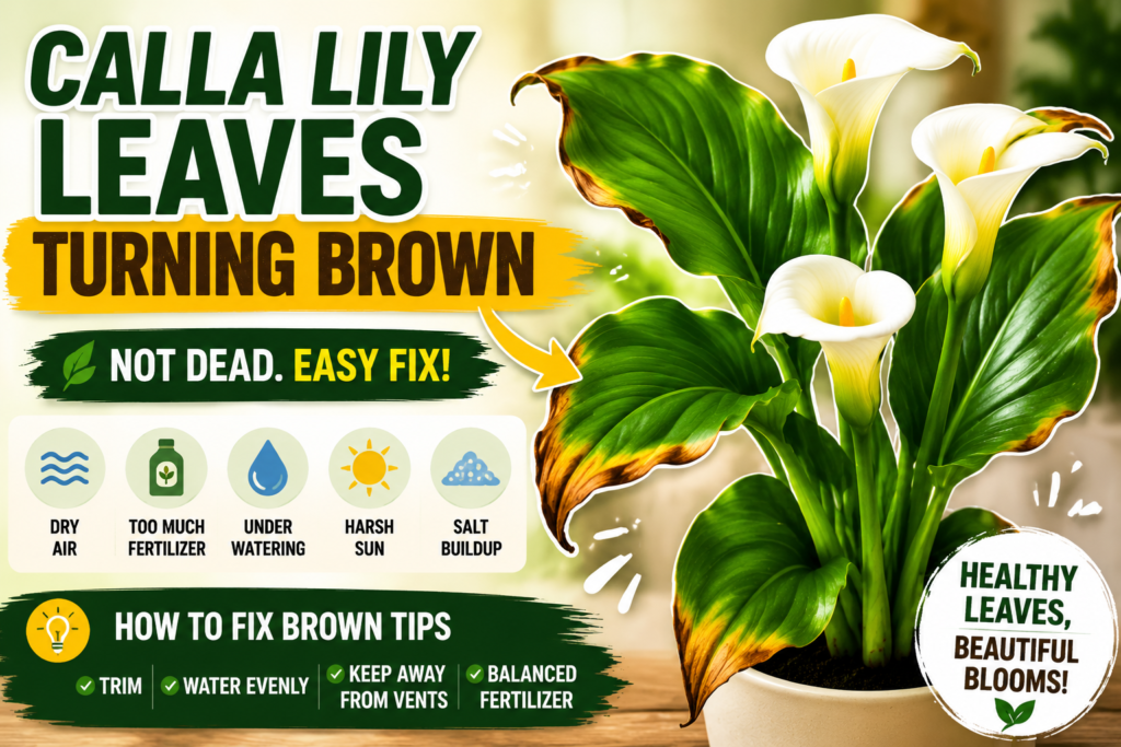 Calla Lily Problems — Why Your Calla Lily Is Struggling & How to Fix It Calla lily leaves with brown tips caused by fertilizer burn, dry air, and sunlight stress