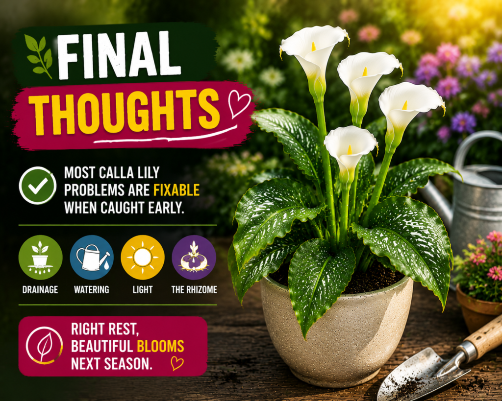 Calla Lily Problems — Why Your Calla Lily Is Struggling & How to Fix It Calla lily plant care guide final thoughts explaining how most problems like yellow leaves, drooping, and dormancy can be fixed with basic care