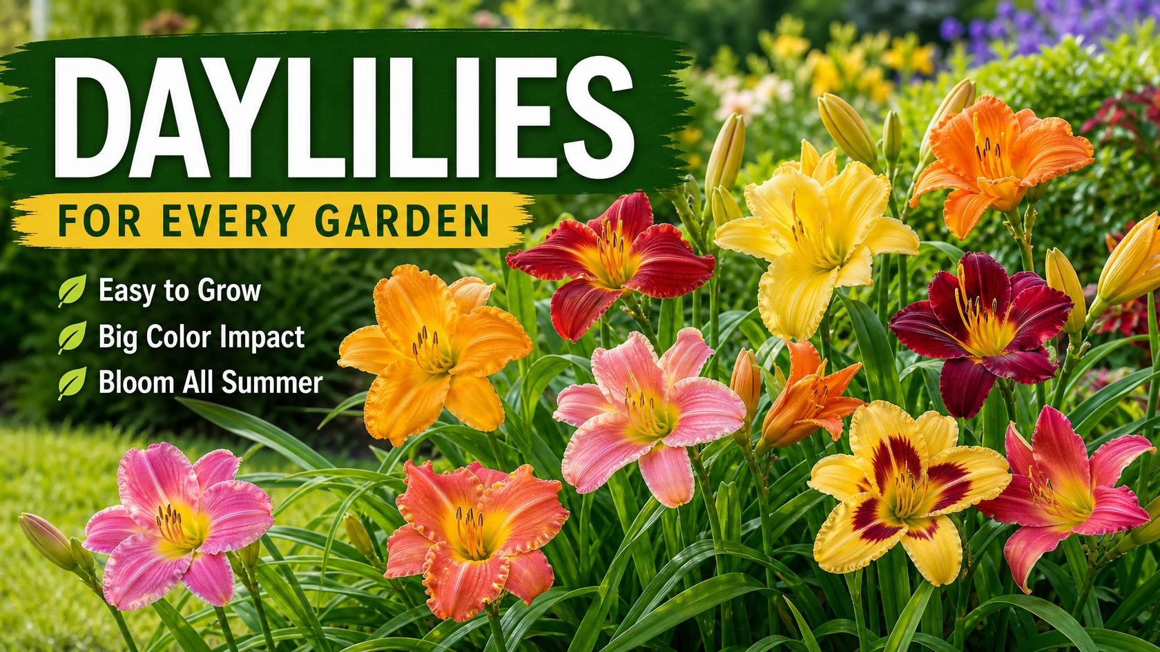 Colorful daylilies blooming in a sunny garden border.