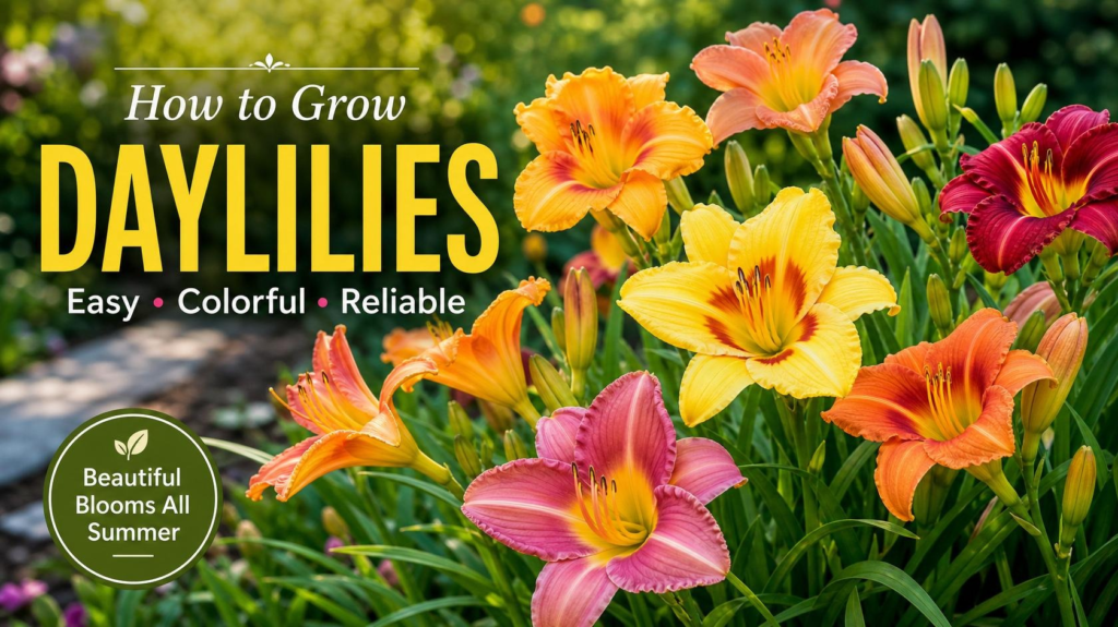 Close-up of Hemerocallis daylily flowers with green foliage.
