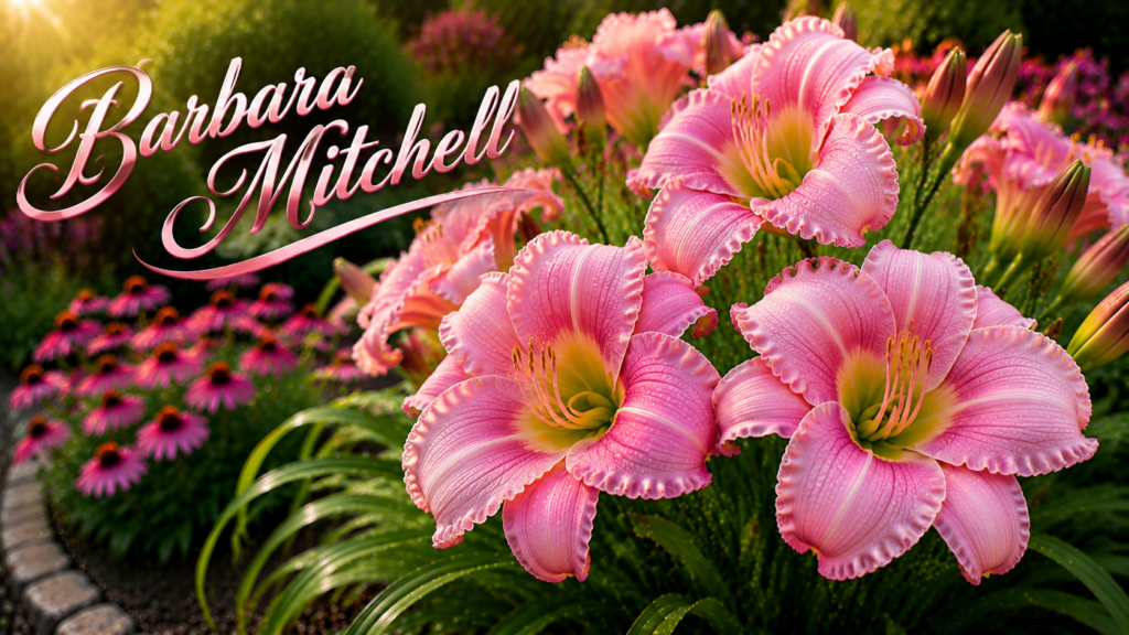 Barbara Mitchell daylily with soft rose pink ruffled flowers.