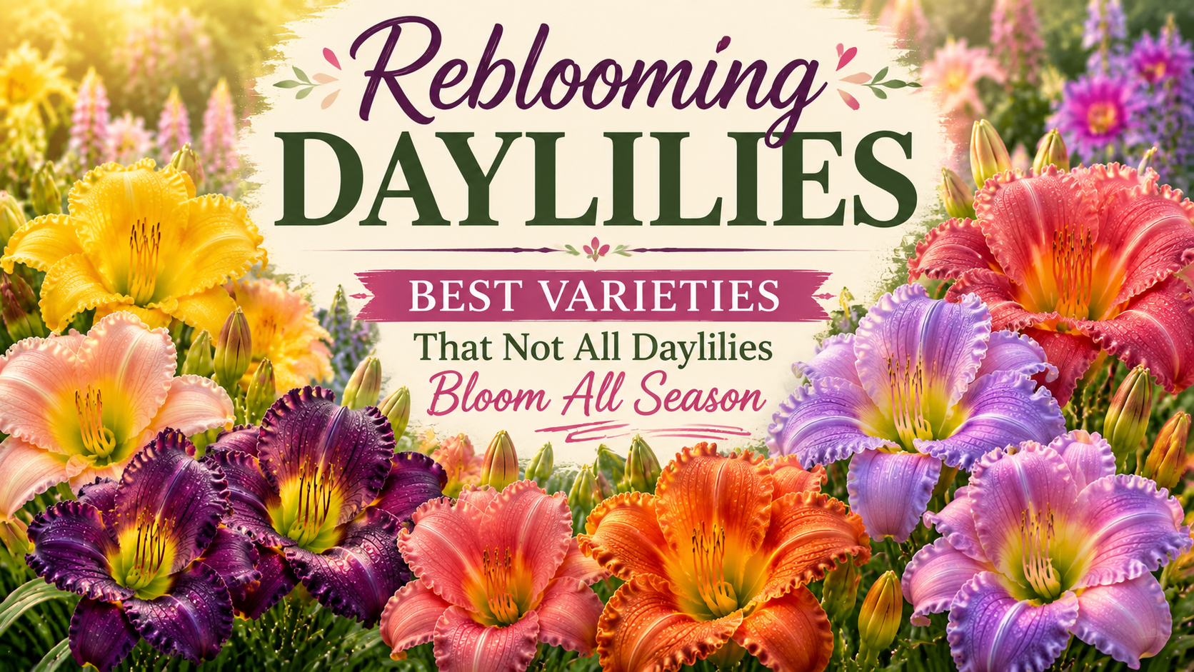 A vibrant garden border filled with multiple varieties of blooming daylilies in full summer sun.