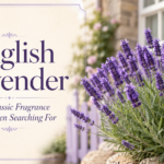 English Lavender (Lavandula angustifolia) with fragrant purple flower spikes blooming in a garden